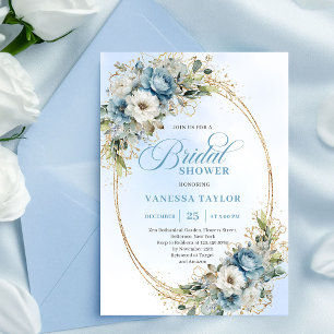 Luxe Stofblauwe Bloemen Gouden Frame Bruidsdouche Kaart