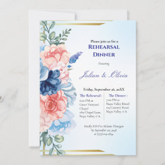 Luxe Stofblauwe en Blush Roze Oefenavondmaal Kaart
