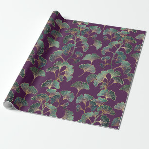 Luxe Tael Ginkgo Bladeren op Diep Paars Cadeaupapier