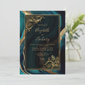 Luxe Teal Agate Gouden Frame QR Code Bruiloft Kaart (Staand voorkant)