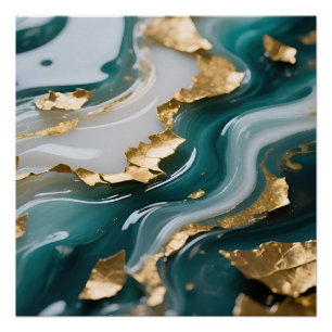 Luxe Teal Gouden Blad Vloeiende Marmer Perfect Poster