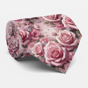 Luxe Trouw Halsdas   Roze Rozen & Diamanten Stropdas