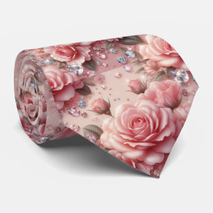 Luxe Trouw Halsdas   Roze Rozen & Diamanten Stropdas