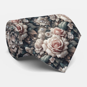 Luxe Trouw Halsdas   Roze Rozen & Diamanten Stropdas