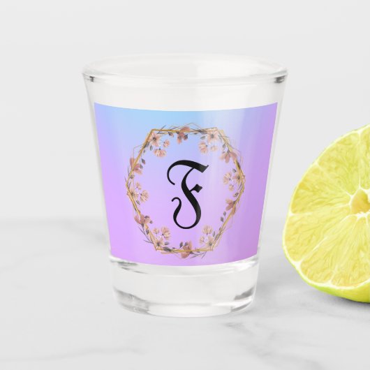 Luxe Turquoise bloemengradiënt monogram naam Shot Glas (Voorkant)