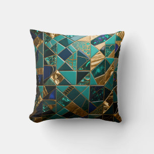 Luxe Turquoise Gouden Geometrisch Mozaïekpatroon Kussen