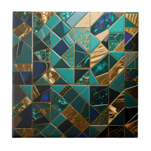 Luxe Turquoise Gouden Geometrisch Mozaïekpatroon Tegeltje