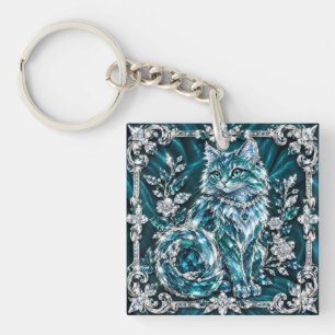 Luxe Turquoise Kristallen Kat   Zilveren Frame Sleutelhanger