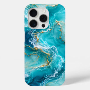 Luxe Turquoise Oceaan Marmer met Gouden Folie Golv iPhone 15 Pro Case