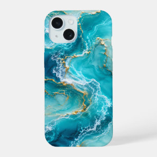 Luxe Turquoise Oceaan Marmer met Gouden Folie Golv iPhone 15 Hoesje