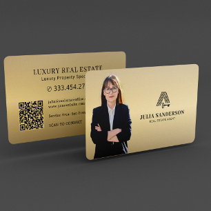 Luxe vastgoedmakelaar foto QR-code gouden metaal Visitekaartje
