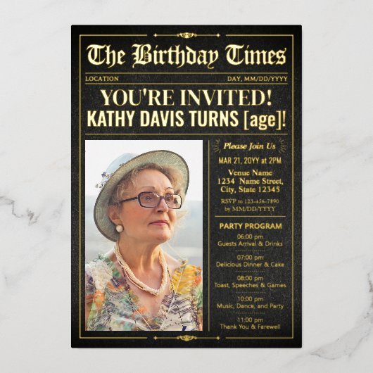 Luxe Verjaardagskrant Nodig Programma Folie Kaart (Voorkant)