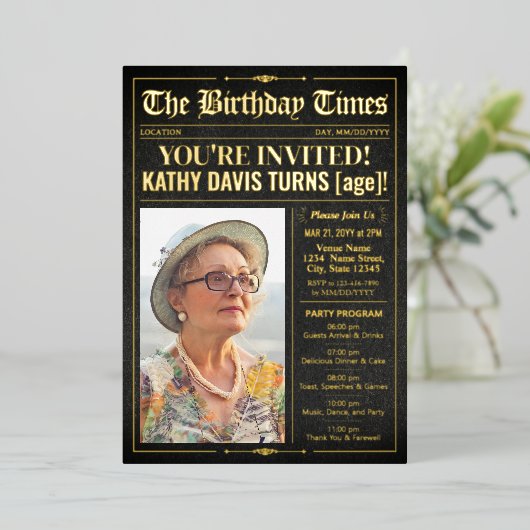 Luxe Verjaardagskrant Nodig Programma Folie Kaart (Staand Voorkant)