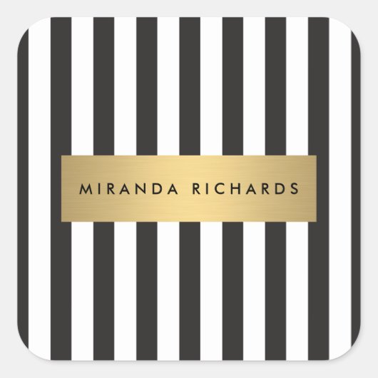 Luxe Vet Zwart-Wit Gestreept met Gouden Balk Vierkante Sticker (Voorkant)