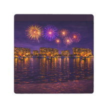 Luxe Waterfront Vuurwerk Nacht Canvas Kunstwerk