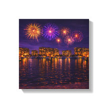 Luxe Waterfront Vuurwerk Nacht Canvas Kunstwerk