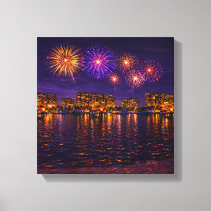 Luxe Waterfront Vuurwerk Nacht Canvas Kunstwerk Afdruk