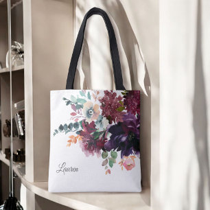 Luxe waterverf bordeauxrode bloemen met naam draagtas
