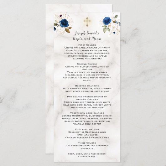 Luxe waterverf navyblauw gouden bloemendoop Me Menu (Voorkant / Achterkant)