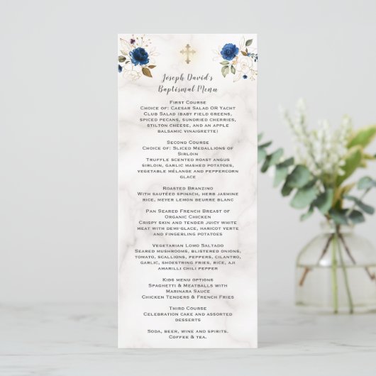 Luxe waterverf navyblauw gouden bloemendoop Me Menu (Staand voorkant)