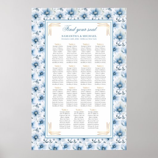 Luxe Waterverf Pastel Blauw Goud Zitplaatskaart Poster (Voorkant)