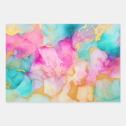 Luxe Waterverf Roze Blauw en Goud Abstract Inpakpapier Vel (Voorkant 3)