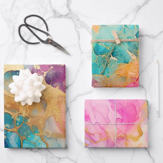 Luxe Waterverf Roze Blauw en Goud Abstract Inpakpapier Vel (Voorkant)
