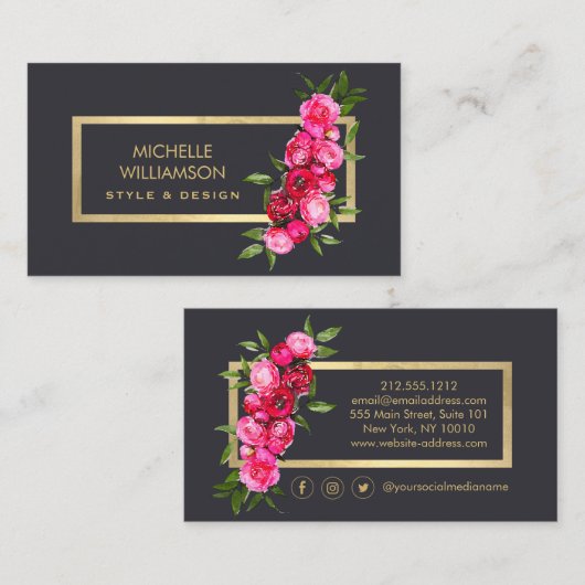 Luxe Waterverf Rozen Goud/Grijs Visitekaartje (Voorkant / Achterkant)
