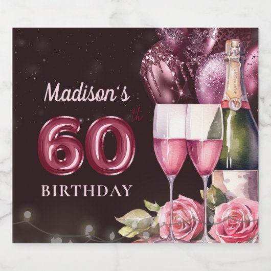 Luxe wijn & ballonnen 60e verjaardag sparkling wijnetiket (Enkel label)