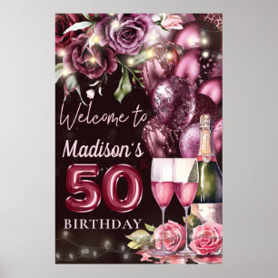 Luxe wijn magenta 50ste verjaardag welkomstbord poster