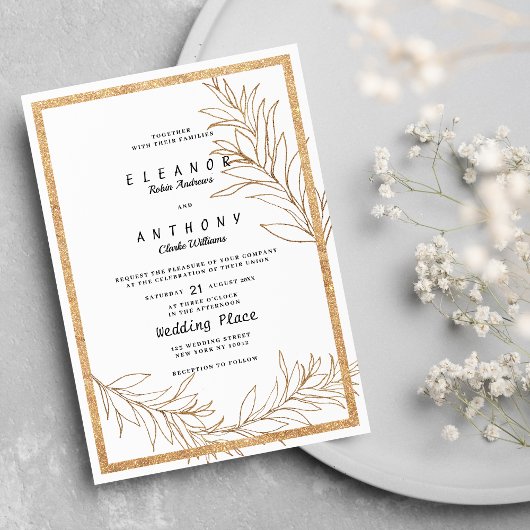 Luxe wit en goud glitter blad bloemenbruiloft kaart