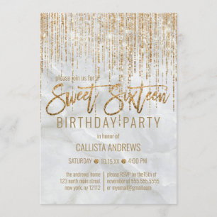 Luxe Wit Goud Glitter Pearl Marble Sweet 16 Kaart
