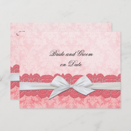 Luxe Wit Lint Roze Damast Save date card Aankondigingskaart (Voorkant / Achterkant)