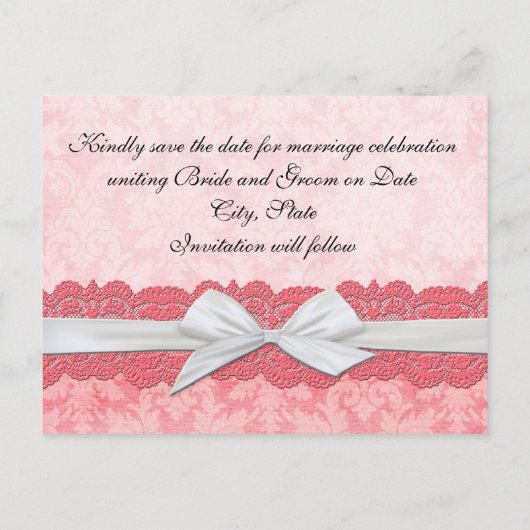Luxe Wit Lint Roze Damast Save date card Aankondigingskaart (Achterkant)