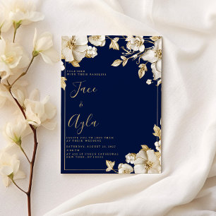 Luxe witgouden bloemmotief navyblauw Huwelijk Kaart
