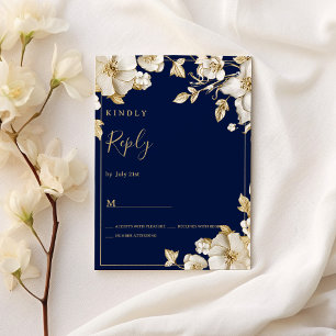 Luxe witgouden bloemmotief navyblauw RSVP Kaart