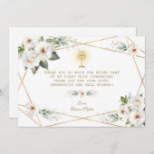 Luxe Witte Bloemen Goud Eerste Heilige Communie Bedankkaart (Voorkant / Achterkant)