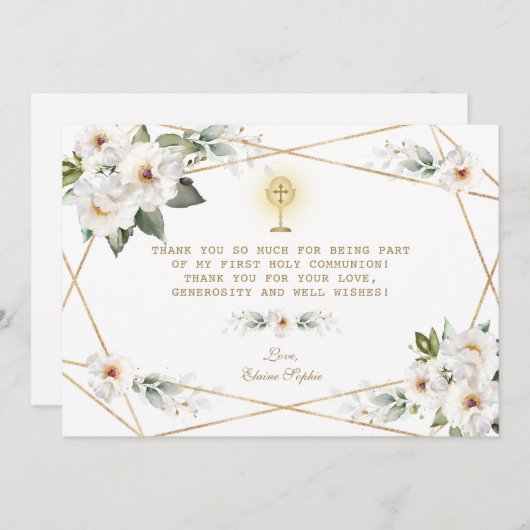 Luxe Witte Bloemen Goud Eerste Heilige Communie Bedankkaart (Voorkant / Achterkant)