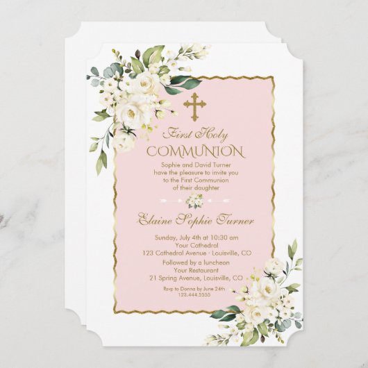 Luxe Witte Bloemen Goud Eerste Heilige Communie Kaart (Voorkant / Achterkant)