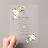 Luxe Witte Bloemen Gouden Glitter Kader Doop Acryl Uitnodigingen (Insitu (Draagbaar))