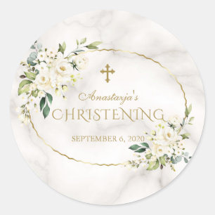 Luxe Witte Bloemen Gouden Marmer Doop Ronde Sticker