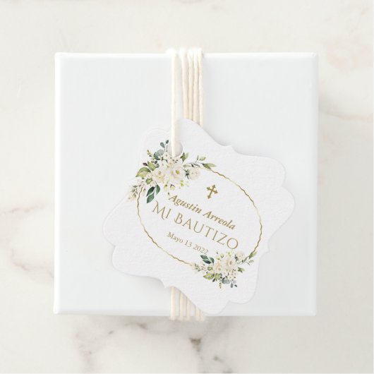Luxe Witte Bloemen Gouden Mi Bautizo Bedankjes Labels (In situ)