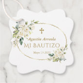 Luxe Witte Bloemen Gouden Mi Bautizo Bedankjes Labels (Voorkant)