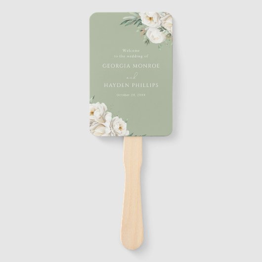 Luxe Witte Bloemen Premium Sage Bruiloft Programma Handwaaier (Voorkant)