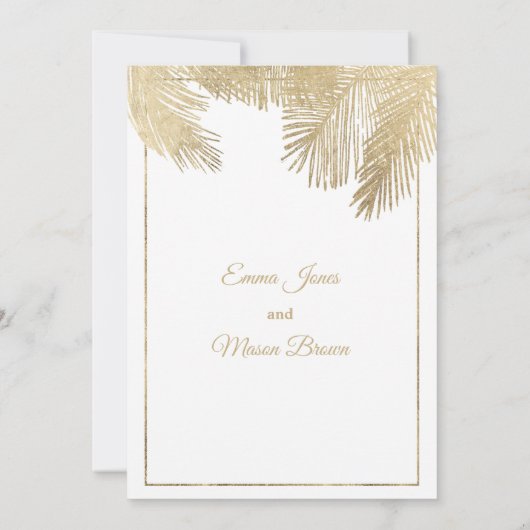 Luxe witte goudpalm tropische bruiloft kaart (Achterkant)