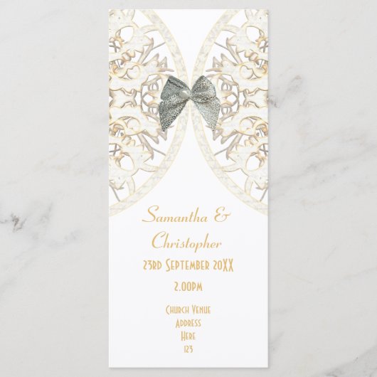 Luxe witte kant damast kerk bruiloft programma (Voorkant)