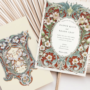 Luxe witte lelies art nouveau bruiloft kaart