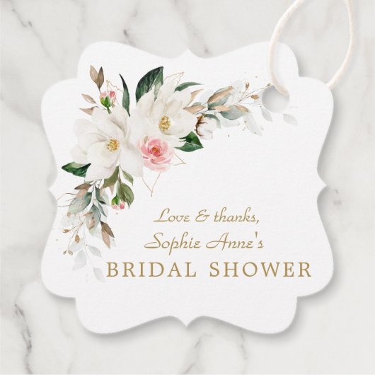 Luxe Witte Magnolia Roze Bloem Bruidsdouche Bedankjes Labels (Achterkant)