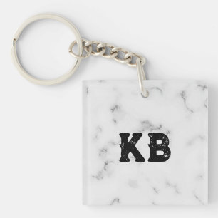 Luxe witte marmer textuur aangepast monogram sleutelhanger
