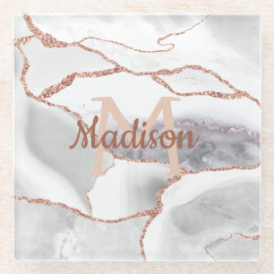 Luxe witte roze gouden agaat monogram glitters glazen onderzetter